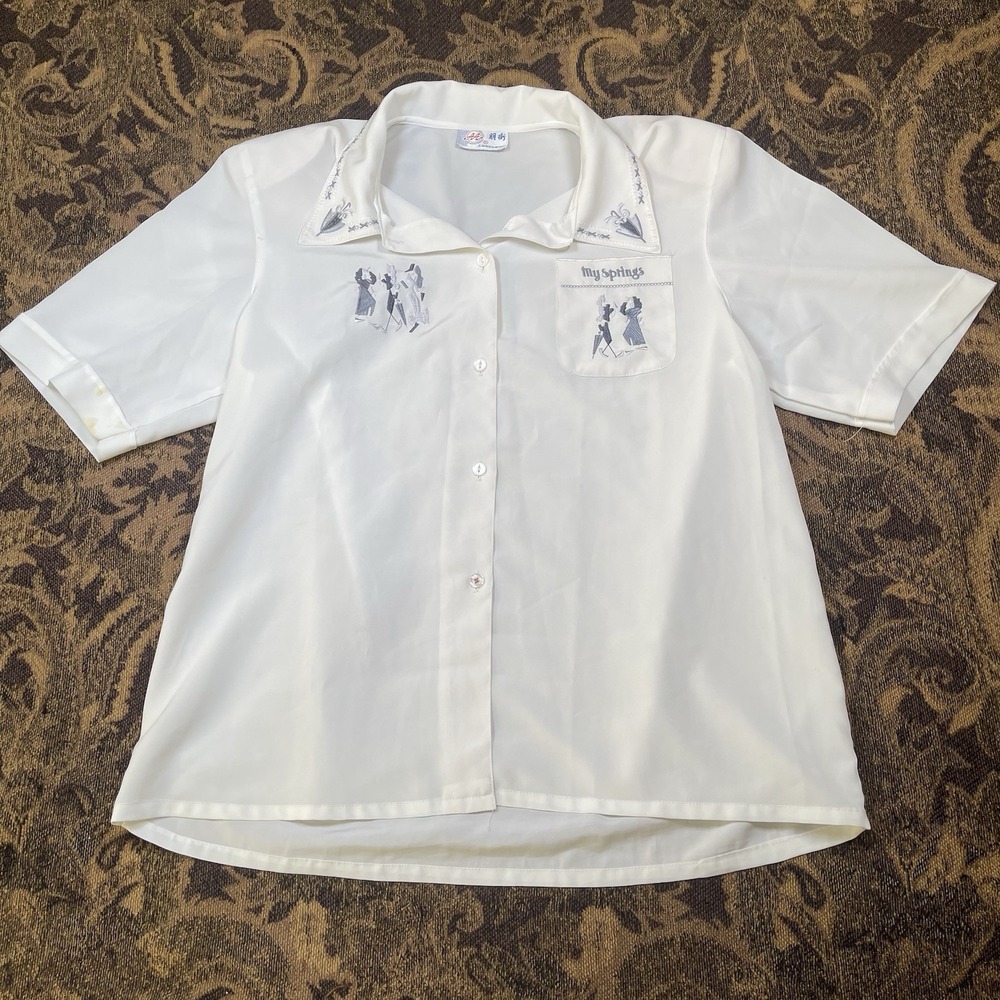 Vtg 80s Bowling Shirt Japanese Button Up Embroidered Shirt Womens Size Large